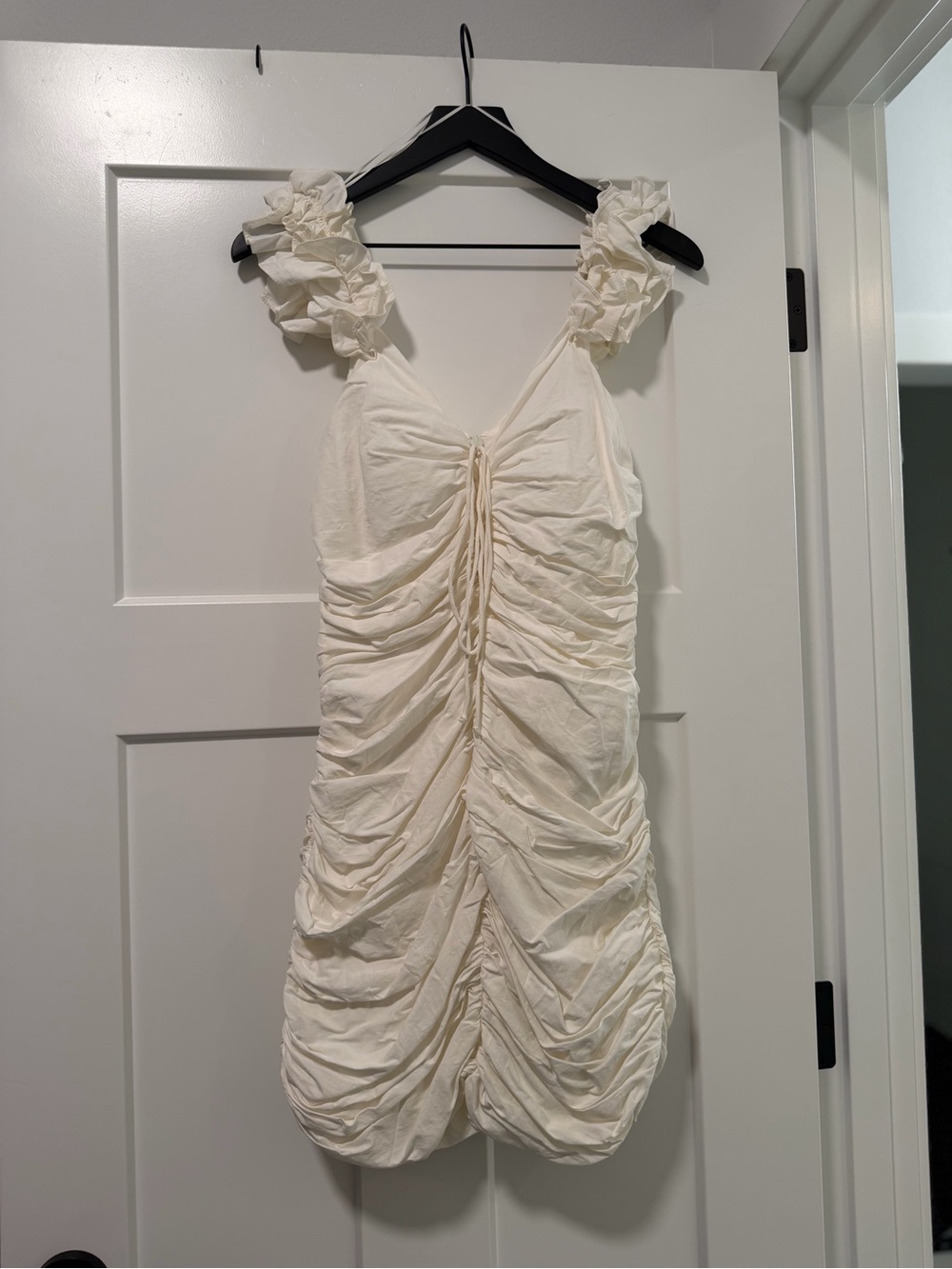 Zara Cream Ruched Mini Dress with Ruffled Straps